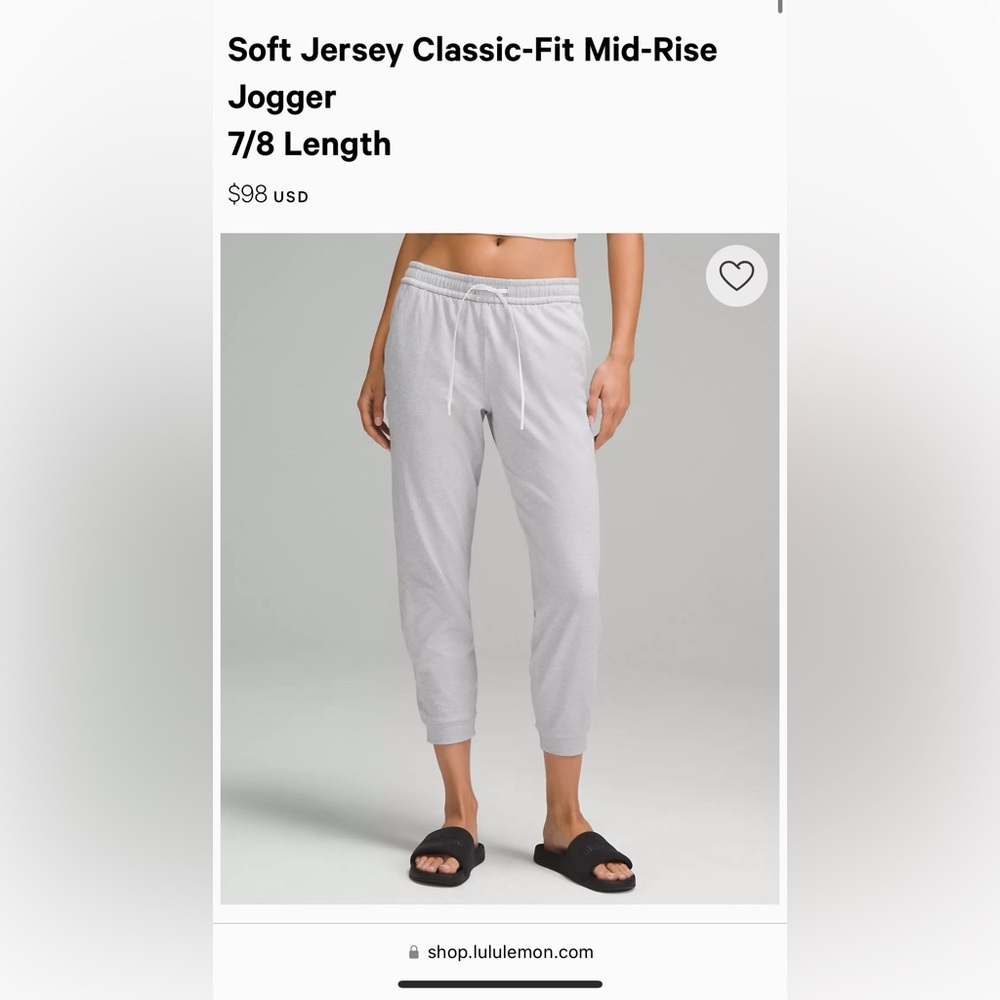 Lululemon soft jersey classic fit mid-rise jogger 7/8 length
